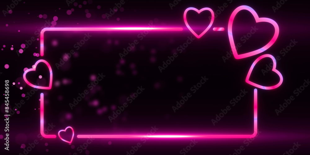 Poster neon heart-shaped borders with glowing effects on a dark purple background, visualizing a love conce