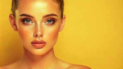 a young woman model with flawless makeup, copy space, banner