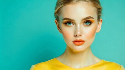 a young woman model with flawless makeup, copy space, banner
