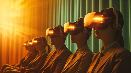 A group of business people wearing VR glasses sat in the conference room, illuminated by orange light, looking at a holographic projection display in the style of futuristic