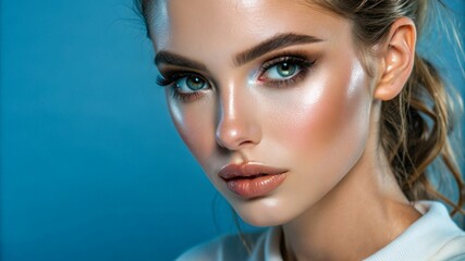 a young woman model with flawless makeup, copy space, banner