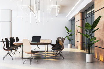 Modern conference room interior with wooden table, designer chairs, pendant lighting, plants, and reflective wall, concept of professional workspace. 3D Rendering