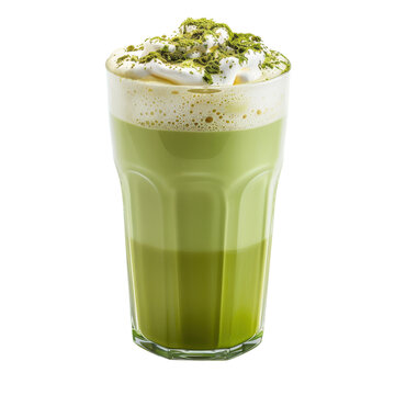 Delicious matcha latte with frothy whipped cream and green tea powder topping served in a clear glass, isolated on a white background.