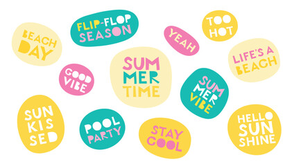 Summer theme quotes sticker set. Bright summer hand lettering bubble speech. Short summer phrases collection.