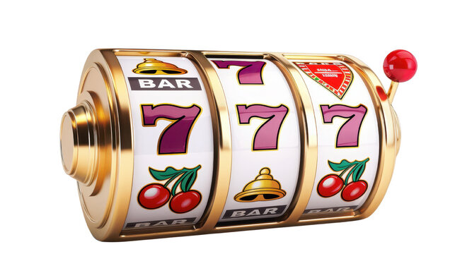 Golden slot machine reel showing winning combination with triple sevens, cherries, bell, and bar symbol isolated on white background.