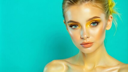 a young woman model with flawless makeup, copy space, banner