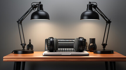 A background of an empty internet radio studio transmitting room