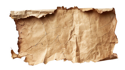 Fototapeta premium Old torn paper parchment isolated on white background. Worn, crumpled, and weathered sheet with a retro, vintage look.