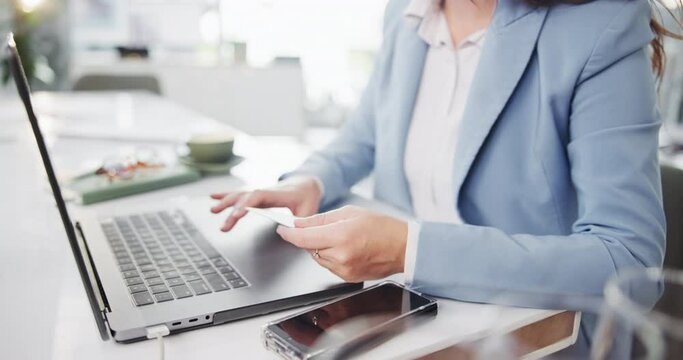Laptop, hands and business woman with credit card in office for bank, loan or payment, savings or budget. Ecommerce, password and entrepreneur with pin for sign up service, registration or investment
