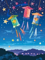 A vivid Tanabata night scene captured with colorful paper lanterns hanging amidst bamboo leaves, sparkling against a starry background in a festive display.