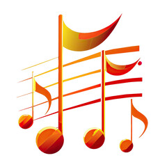 An illustration of music notes on a white background. The notes are rendered in orange and yellow, with a 3D effect. Generative AI