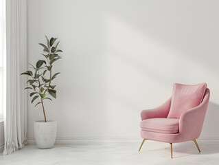 White room with pink chair and blank white wall
