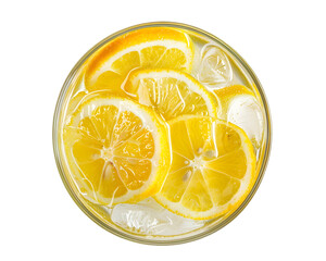 Sparkling Glass of Lemonade with Ice and Lemon Slices top view isolated on white background