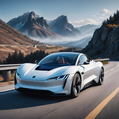 Naklejka premium A sleek, modern electric car driving on a scenic highway with a backdrop of mountains and a clear blue sky. The car represents the future of eco-friendly transportation