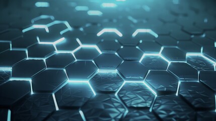 Naklejka premium Innovative tech grid with a glowing neon mosaic. Futuristic network of metallic hexagonal tiles representing science, cyber engineering and advanced computing in a sleek and modern design.