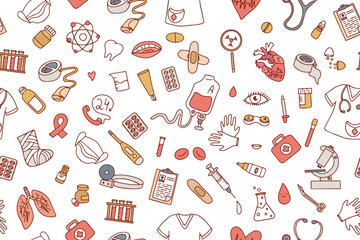 Seamless pattern of medical products, medicines, clothes, first aid kit in doodle style. Vector illustration