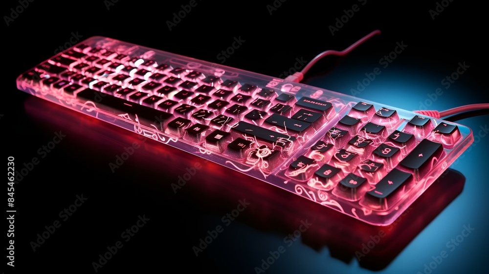 Poster illuminated red light shines from a computer keyboard.