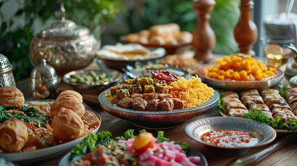 Fototapeta premium Festive table served with traditional dishes for celebrating Eid al-Adha, showcasing the rich culinary heritage and warm hospitality of a Middle Eastern feast.