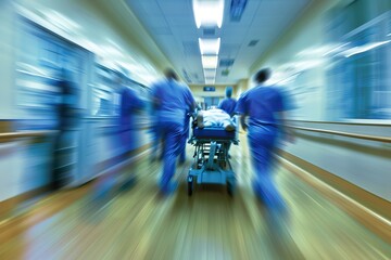 Blurred figures of people with medical uniforms in hospital corridor	