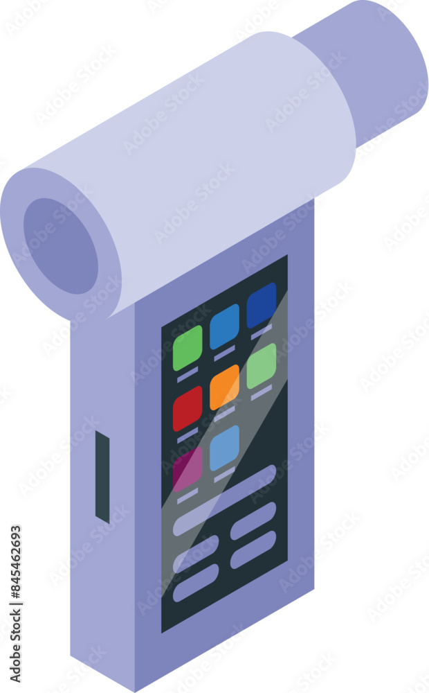 Poster electronic device with buttons and display is shooting video with a big lens, isometric icon