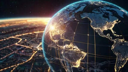 3D Graphics Concept Spinning Earth Seen from Space, Covered in Digitalization Grid Network Covering Planet, 4k digital video created with generative ai.   - Powered by Adobe