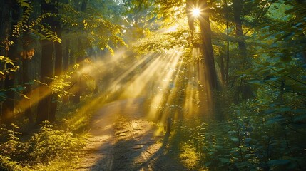 Fototapeta premium Summer hiking trail through a dense forest with sunbeams filtering through the leaves
