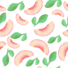 peach slices with green leaves seamless pattern watercolor illustration isolated on white background base for tableware design. textiles and packaging
