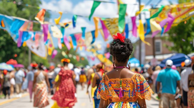 Community parade celebrating Juneteenth with colorful banners and traditional attire