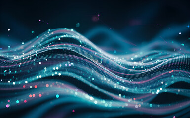 Abstract wave with moving dots and lines. Flow of particles. Cyber technology illustration.