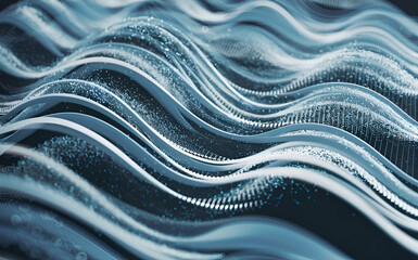 Abstract wave with moving dots and lines. Flow of particles. Cyber technology illustration.