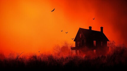 Haunted House Silhouette Against Orange Sky