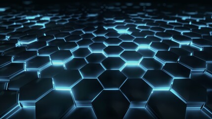 Naklejka premium Hexagon futuristic geometric surface with a carbon grid. Neon mosaic and tech network in cyberspace. Illuminated science structure with metallic molecular hexagon, innovative and scientific research.