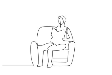 old man home coffee newspaper relax dog life one line art design vector