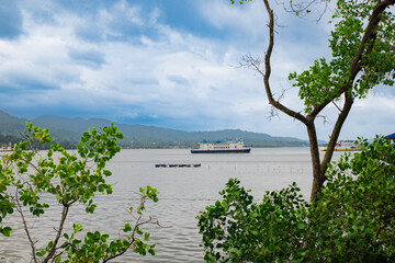 View of the ocean bay with ships at anchor