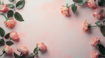 Romantic light background with pink roses and free space for text