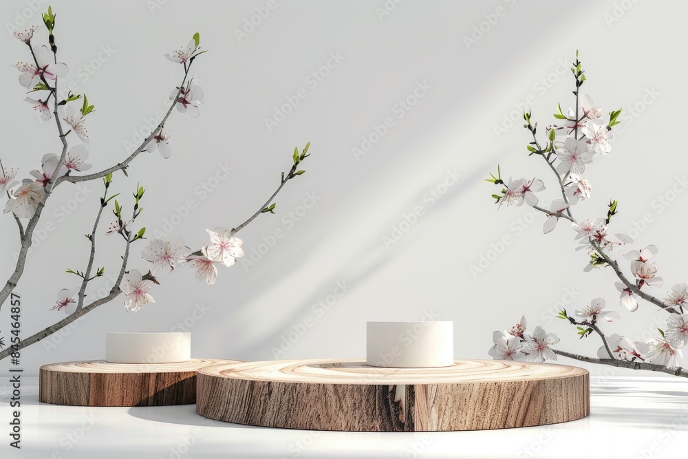 Poster minimal modern product display with wood slice podium and spring branches.