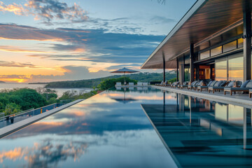 Fototapeta premium Luxury Villa with Infinity Pool overlooking Ocean at Sunset, modern architecture and scenic views