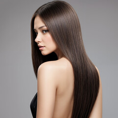 A captivating image of a young woman with long, straight, and glossy brown hair cascading down her back. She is posed in profile,