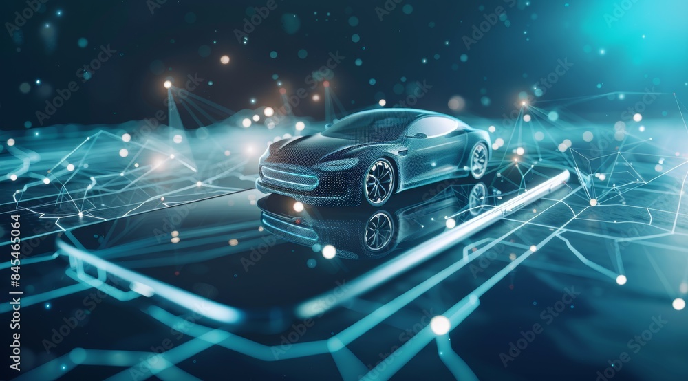 Poster a car is displayed on a phone screen with a lot of lines and dots surrounding it, smart car concept 