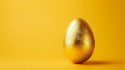 A gold egg sits on a yellow background with copy space, abstract business concept