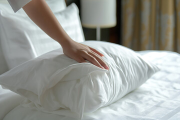 A person adjusting a pillow on a hotel bed to ensure comfort and neatness in the room
