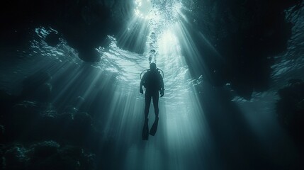 Fototapeta premium Underwater photography, diver silhouetted against sunrays, exploring the ocean depths
