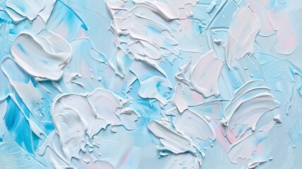 Close-up of abstract white and blue paint texture, highlighting the layered brushstrokes and soft hues on canvas.
