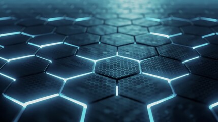 Hexagon techno-advanced molecular visuals with networking connectivity. Neon grid with laser matrix and smart engineering systems. Digital infrastructure, high-tech data processing.