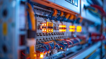 High-resolution close-up of organized electrical wiring, glowing indicators, technology infrastructure

