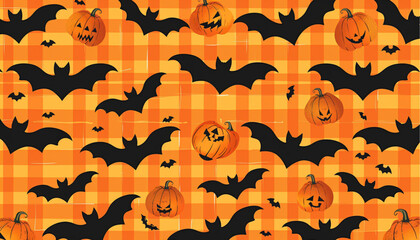 Background Halloween with&nbsp;Fancy&nbsp;Elements, Bats, pumpkin, Skull with Bone. Halloween Elements on Orange Background.&nbsp;Website Spooky,&nbsp;Background or Banner