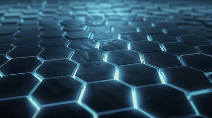 Obraz premium Futuristic molecular geometry with a glowing tech net. ?yber grid with neon tiles and metallic hexagons showcasing global network science and contemporary electronic data connections and innovation.