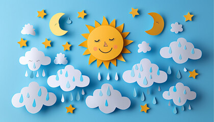 Beautiful fluffy clouds on blue sky background with summer sun, moon,rain. Vector illustration. Paper cut style.