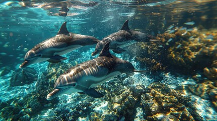 Obraz premium Aerial view of the dolphins slowly swimming in crystal clear calm turquoise waters. Big group of endemic marine mammals migrating along coastline as seen 
