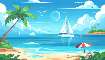 Fototapeta premium Vacation and travel concept. Beach umbrella, beach chair, palm trees, sunset, enjoy